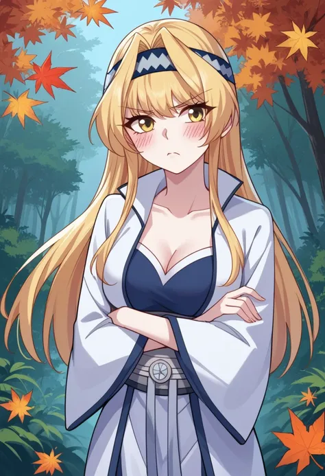 score_9, score_8_up, score_7_up, score_6_up, source_anime, Yu wushuang, Yu dress, yellow eyes, blonde hair, headband, cleavage, wide sleeves, sash, crossed arm, pout, blush, forest, sophora japonica, tree, golden fallen leaves