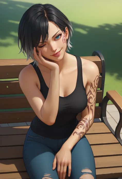 score_9, score_8_up, score_7_up, anime screencap, source_anime, 1girl, solo,
<lora:Main_pawn_DD2_V1:.85>, KJOpawn, short hair, black hair, multicolored hair, blue eyes, facial tattoo, arm tattoo, 
black tank top, jeans, torn legwear,
sitting, on bench, han...