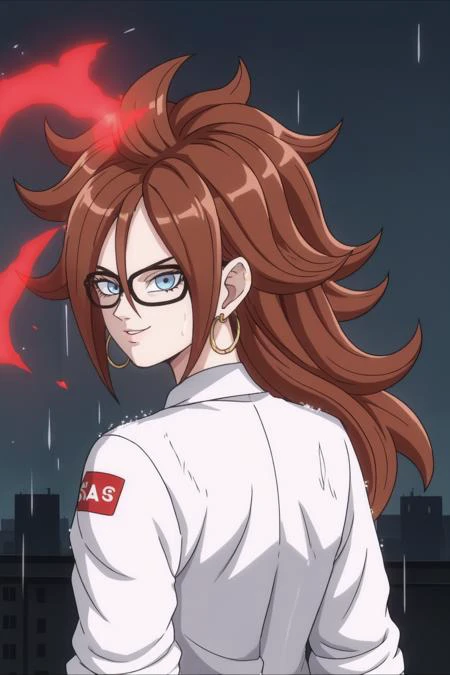 source_anime, score_9, score_8_up, score_7_up, anime screencap, 
1girl, solo, 
android 21, (human), 1girl, solo, long hair, blue eyes, brown hair, hair between eyes, earclip, glasses, a21dress, lab coat, ruined city, fire, destruction, rain, upper body, sm...