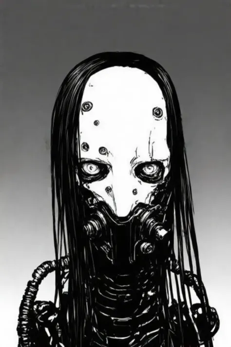 This image is a black and white manga-style drawing by tsutomu nihei, characterized by its high-contrast, heavily shaded lines and textures. The central figure is a humanoid synthetic creature with a menacing, otherworldly appearance. It has long black hai...