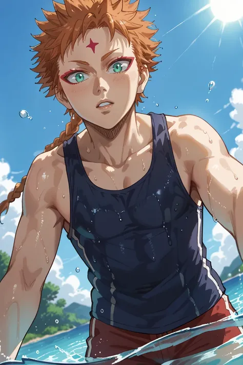 score_9, score_8_up, score_7_up, source_anime, rating_questionable, day, natural lighting, summer theme, water, water droplet, water splash, male focus, leaning forward, looking down at viewer, surprised, TSLeopoldBC, red_TSLeopold_forehead mark, orange_TS...