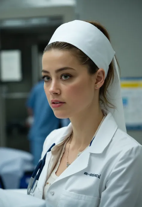 Amber Heard is wearing a nurse outfit in a cinematic shot by Ron Howard