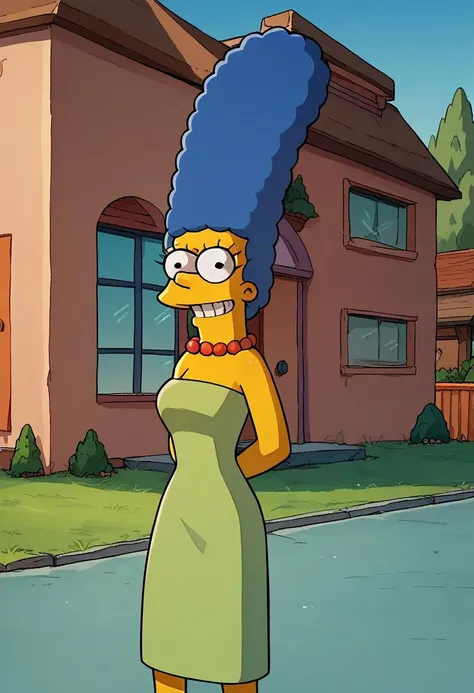 marge simpson, blue hair, 1girl, solo, yellow skin, pearl necklace,strapless,  green dress, smile, score_9, score_8_up, score_7_up, score_6_up, score_5_up, score_4_up, looking at viewer ,outdoors, portrait, upper body, grin, flat color, simpson house, fron...