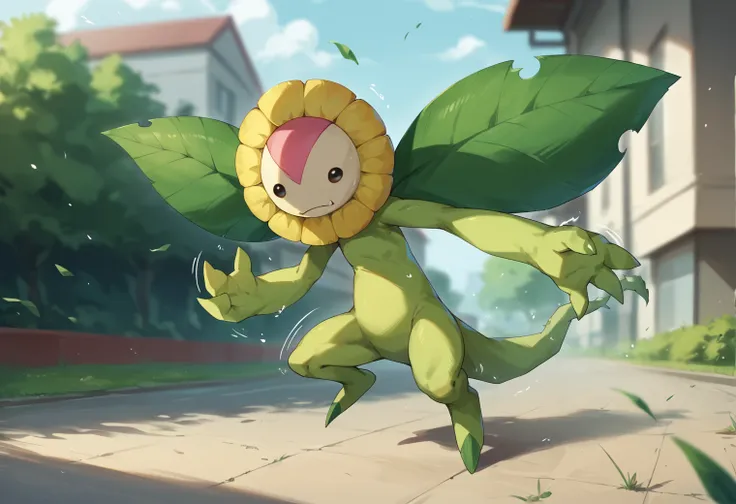 pokemon is running on the street with a flower in his hand