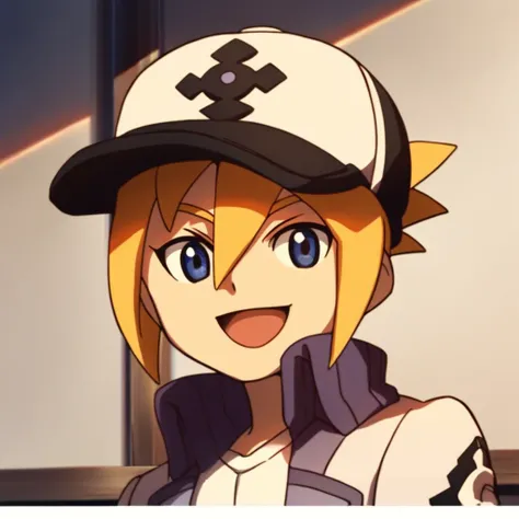 score_9, score_8_up, score_7_up, source_anime BREAK male focus, solo, blonde hair, 1boy, open mouth, hat, smile, blue eyes, upper body, looking at viewer, hair between eyes, jacket, :d