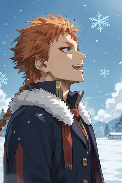 score_9, score_8_up, score_7_up, source_anime, rating_questionable, day, natural lighting, winter theme, snow, snowing, snowflakes, male focus, leaning back, looking away, smiling, TSLeopoldBC, red_TSLeopold_forehead mark, orange_TSLeopold_male hair, singl...