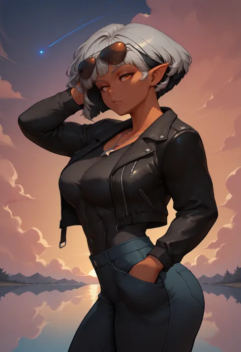 anime - style illustration of a woman in a black leather jacket and jeans