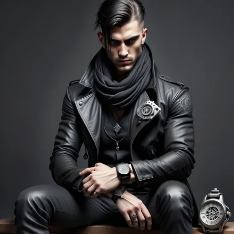 belt, scarf, realistic, wristwatch, gun, instrument, weapon, black jacket, tattoo, watch