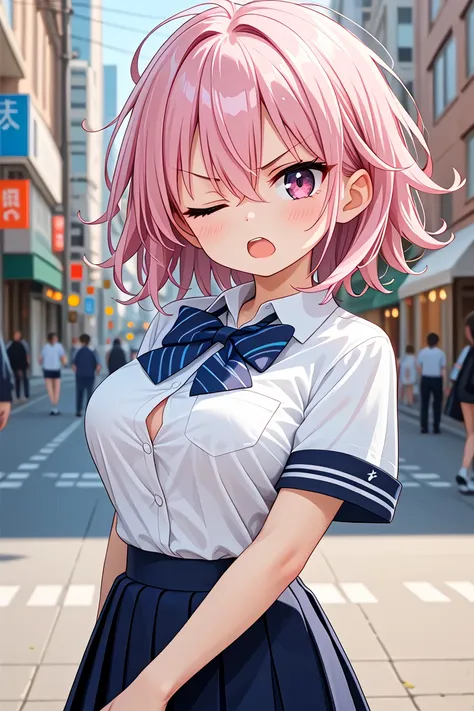 anime girl with pink hair and blue skirt in a city