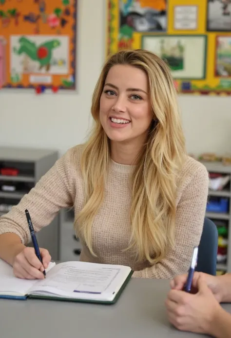 Amber Heard is working as a pre-school teacher. she is sitting at her desk. in the background we see a wall with decorations made by her class. 