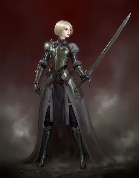 ruaj, woman holding a sword wearing a mix of victorian dress and medieval armor with high heel metal boots, short blond hair, dark red and grey smoke background