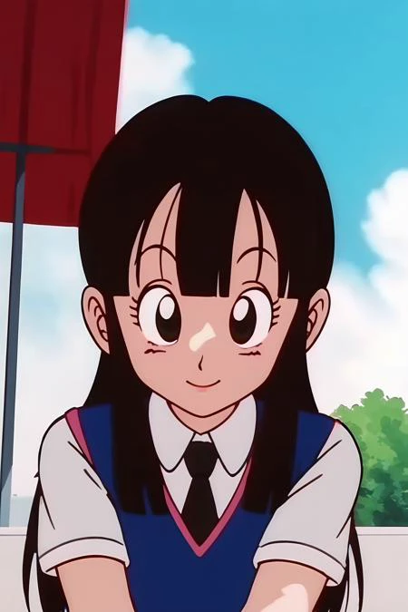 source_anime, score_9, score_8_up, score_7_up, anime screencap,8k, absurdres,
chi-chi, aged down, female child, 1girl, solo, long hair, blunt bangs, smile, black hair,  black eyes, 
white collared shirt, necktie, city, dappled sunlight, short sleeves, own ...