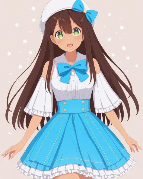 nyaru, bangs, blue bow, blush, brown hair, eyebrows visible through hair, green eyes, hat, long hair, virtual youtuber, white headwear, blue dress, 
 <lora:NYARU-XL-t2-000004:0.6>,
masterpiece, amazing quality,