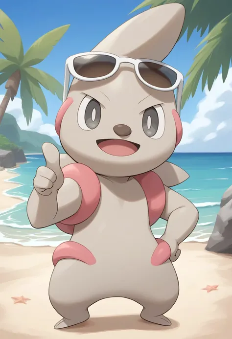 (source_anime, score_9, score_8_up, score_7_up:1), timburr, sunglasses, thumbs up, open mouth, looking at viewer, outdoors, beach, no humans, pokemon (creature)