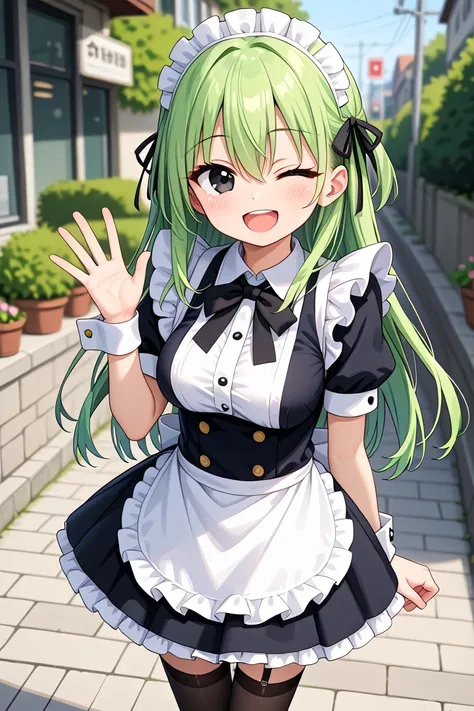 anime character of a maid with green hair and black and white dress