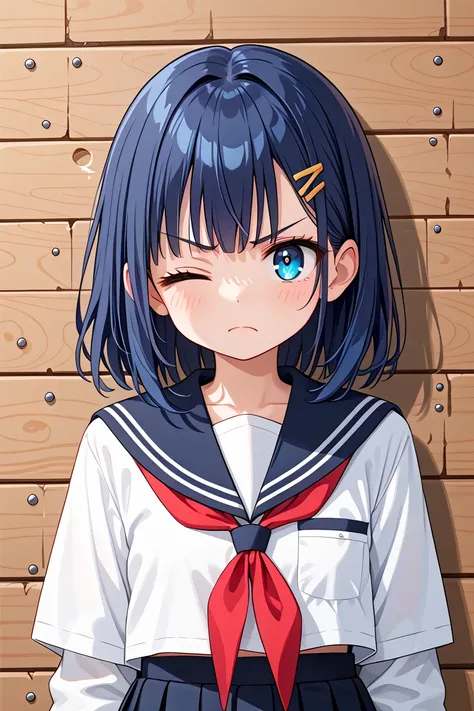 anime girl with blue eyes and a sailor outfit standing in front of a wooden wall