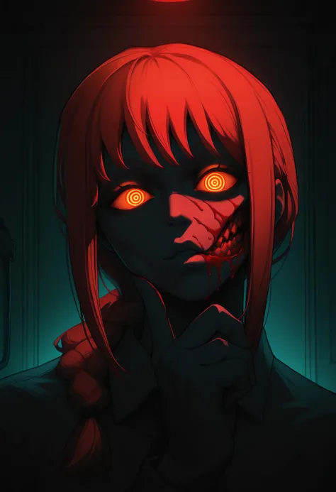 anime girl with red hair and a creepy face with glowing eyes