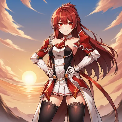 score_9_up, score_8_up, score_7_up, source_anime, 1girl, solo, sun light, clouds, sky, upper body, face focus, standing, hand on hip, looking at you, confident smile, angled shot, Elesis, El_Mas, elesis (elsword), red hair, long hair, red eyes, armored dre...