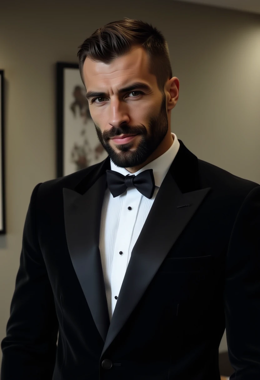 man, wearing a tuxedo, at an office, half body shot, looking directly at viewer, beard, r4f4