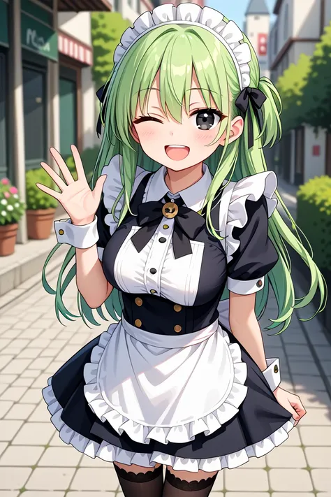 anime character of a maid with green hair and a white dress