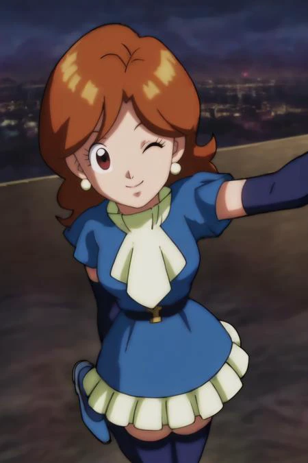 source_anime, score_9, score_8_up, score_7_up, anime screencap,
sanka coo, 1girl, solo, looking at viewer, smile, brown hair, thighhighs, gloves, dress, brown eyes, jewelry, earrings, one eye closed, elbow gloves, ascot, selfie, blue dress, blue armwear, b...