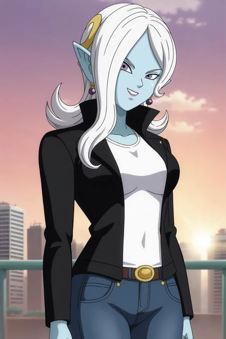 source_anime, score_9, score_8_up, score_7_up, anime screencap, absurdres, official style, 
towa, hair ornament, long hair, white hair, hair over one eye, blue skin, colored skin, pointy ears,
black leather jacket, white shirt, jeans, cowboy shot, city, da...