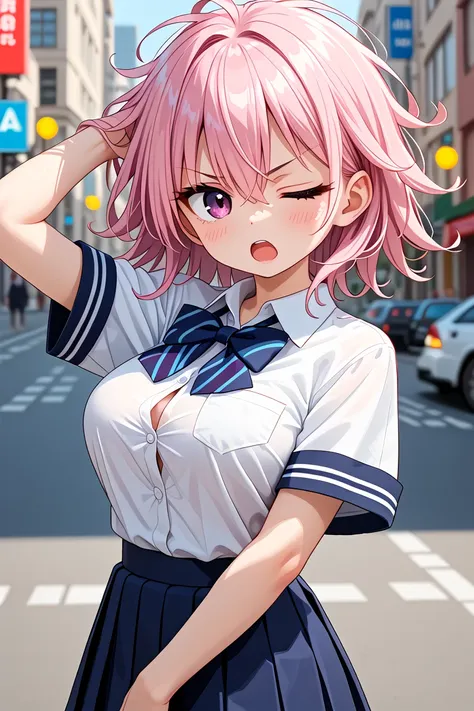 anime girl in a school uniform posing in the middle of the street