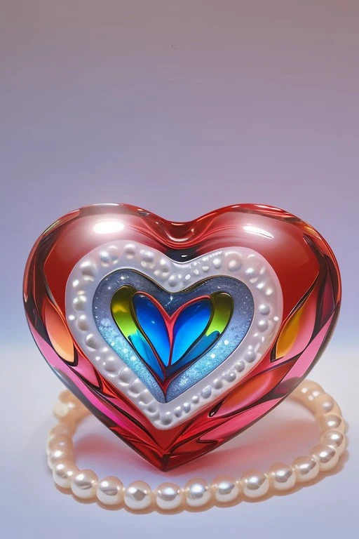 image of colorful clear glass heart shaped  , with pearls and pearlescent heat glass, bokeh, [hearts come in various colors such as: red, blue, pink, yellow], hearts are larger than others, adding diversity to the arrangement. The close-up view showcases t...