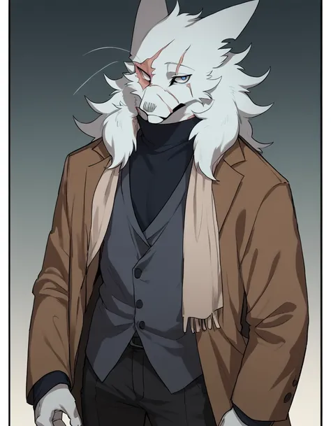 <lora:BernPony1.0:0.8> Bern, furry, 1boy,solo, scar,blue eyes, male focus, scar on face, solo focus, scar across eye, long hair, white fur, white hair, furry male, brown jacket, turtleneck, blue eyes, long sleeves, scarf, pants, vest, score_9, score_8_up, ...