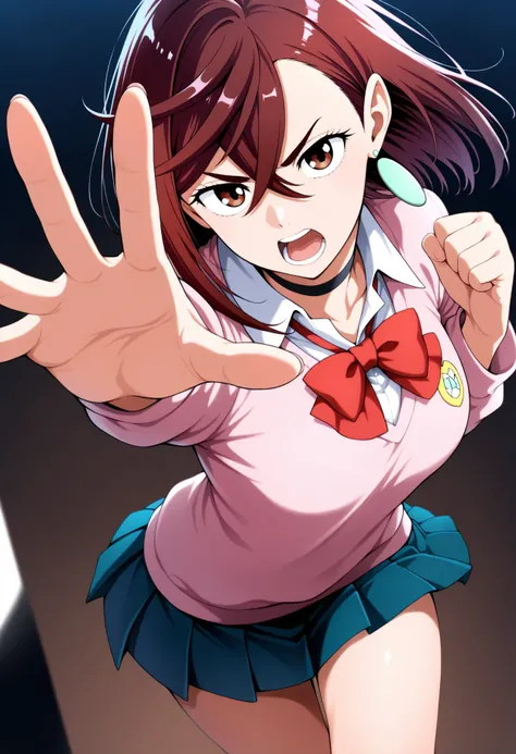 masterpiece, best quality, very aesthetic,
1girl, ayase momo, dandadan, brown eyes, pink sweater, collared shirt, pleated skirt, choker, red bow, outstretched hand, clenched hand, open mouth,