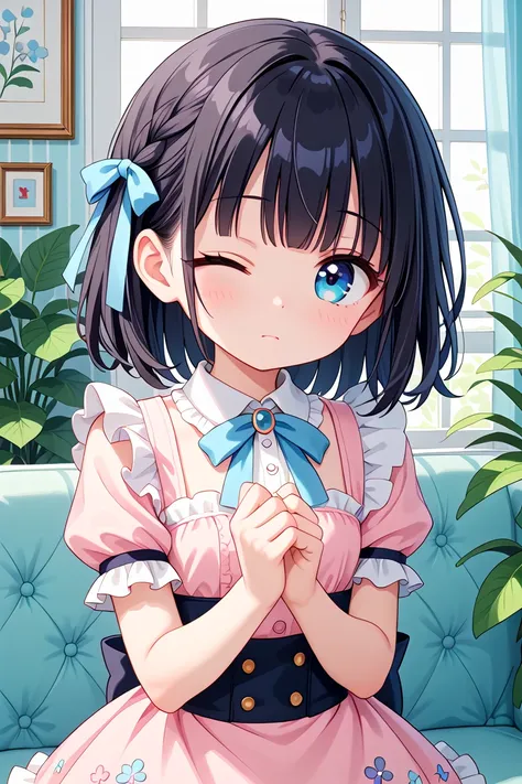 anime girl in pink dress sitting on a couch with her hands folded