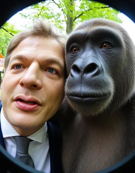 HDR photo of <lora:Pieter Omtzigt:1.8> fisheye lens selfie of Pieter Omtzigt and a gorilla . High dynamic range, vivid, rich details, clear shadows and highlights, realistic, intense, enhanced contrast, highly detailedâââ