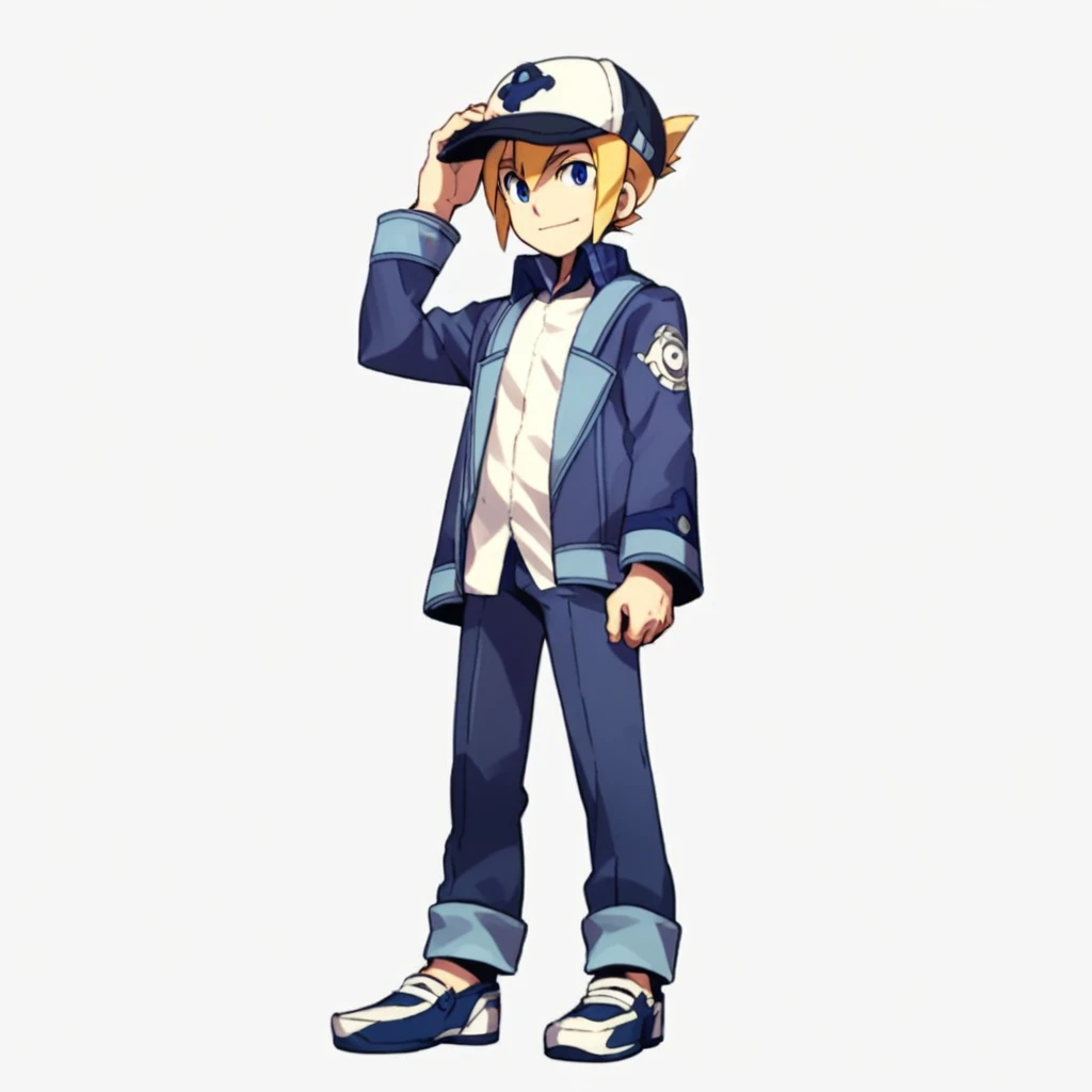 score_9, score_8_up, score_7_up, source_anime BREAK 1boy, male focus, solo, hat, full body, blue eyes, smile, white background, blonde hair, simple background, standing, shoes