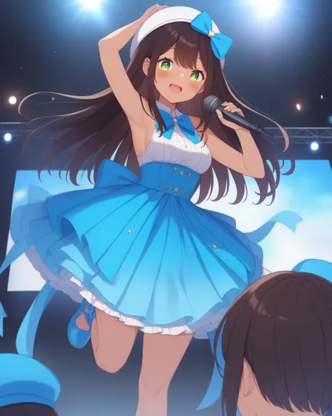 nyaru, bangs, blue bow, blush, brown hair, eyebrows visible through hair, green eyes, hat, long hair, looking at viewer, virtual youtuber, white headwear, blue dress, blue shoes, holding a microphone, concert stage, armpit,
 <lora:NYARU-XL-t2-000004:0.6>, ...