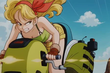 source_anime, score_9, score_8_up, score_7_up, anime screencap,
high quality, launch bad,
1girl, blonde hair, shorts, solo, fingerless gloves, clenched teeth, green crop top, sky, ground vehicle, curly hair, cloud, motor vehicle, teeth, breasts, long hair,...