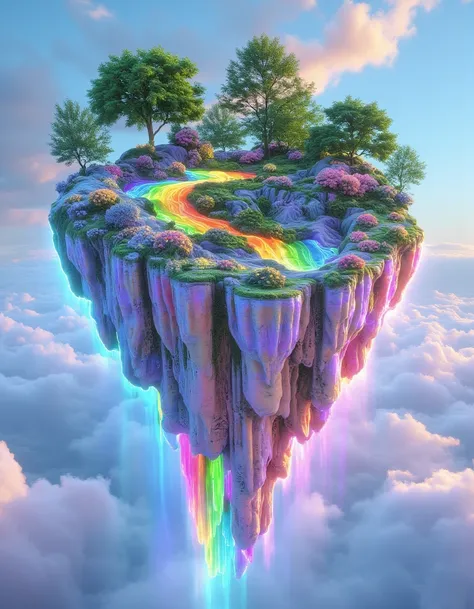 ,midjourney,<lora:midjourney_flux:1>,A stunning floating island suspended in the sky, with a fluid rainbow cascading over its edge like a magical waterfall. The rainbow flows in liquid form, blending vibrant colors as it tumbles down, creating a shimmering...