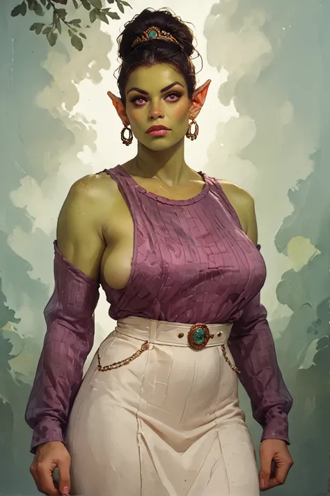 saggy breasts, pointy orc ears, (pin up art of a milf orc:1.2), 1girl, solo, score_9, score_8_up, score_8, score_9, score_8_up, score_7_up, score_6_up, rating_questionable, embedding:zPDXL3, colored skin, Mexican face,  pouty lips expression, detailed purp...