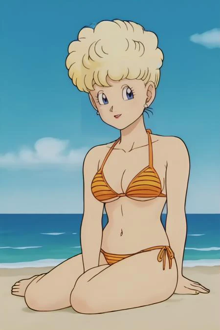 source_anime, score_9, score_8_up, score_7_up, anime screencap,
panchy, 1girl, solo, blonde hair, short hair, curly hair, blue eyes, 
sitting, 
bikini, barefoot, ocean, beach, 
 <lora:panchy_pony_v1:0.8>