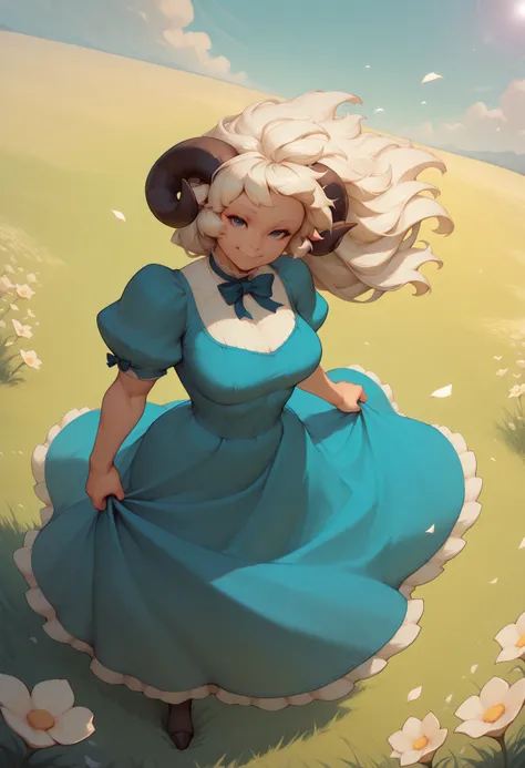 anime - style illustration of a woman in a blue dress in a field of daisies