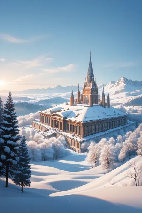 snowy landscape with a castle in the middle of a mountain