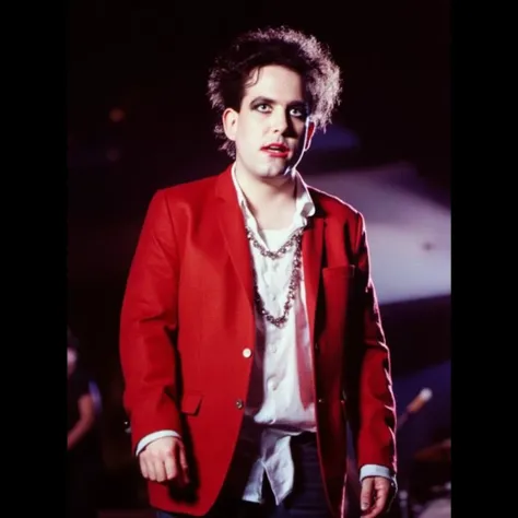 cinematic, dramatic lighting, full body shot, young Robert Smith in a concert, he is wearing a fancy red suit and a long untucked elegant white shirt with high neck and adornments, he has his classic long messy hair, and extreme facemakeup, he is singing p...