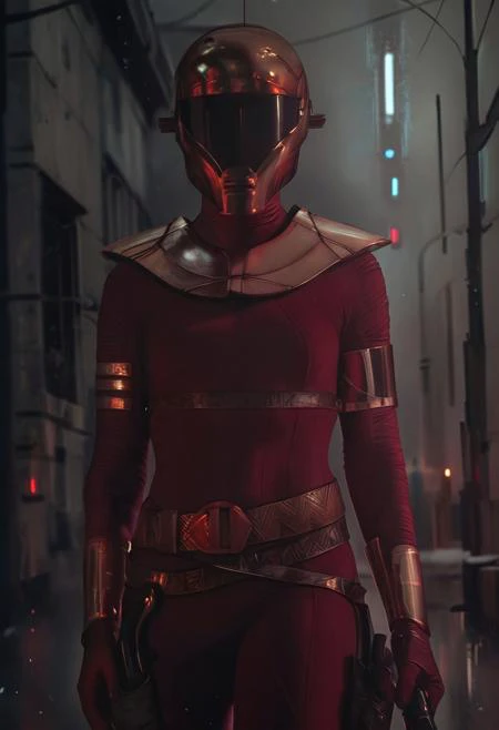 score_9, score_8_up, score_8_up, masterpiece, high detail, best quality, 1girl, solo, Zorii Bliss from Star Wars, standing, looking at viewer, helmet, maroon bodysuit, bronze armor, shoulder plates, bracers, belt with buckle, tight holsters, dual holsters,...