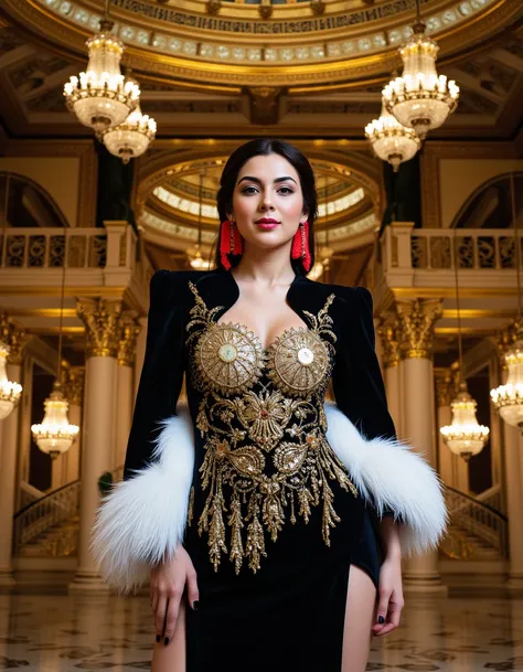 detailifier,<lora:detailifier_flux-000006:1>,A lavish, detailed portrait of a person in an Art Deco ballroom, surrounded by elegant, symmetrical designs and rich gold accents. The person wears vintage formal attire with intricate beadwork, feathers, and la...