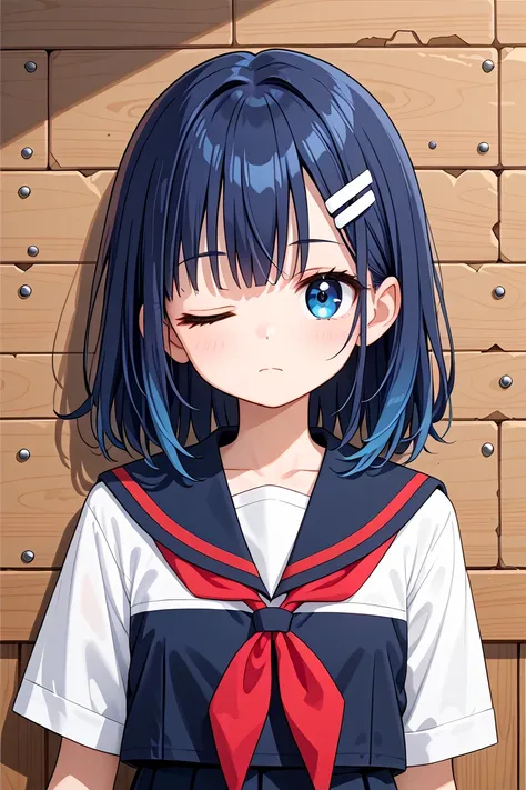 anime girl with blue eyes and a sailor outfit standing in front of a wooden wall