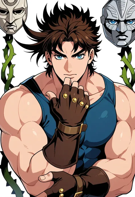 masterpiece, best quality,
joseph joestar \(young\), 1boy, blue eyes, blue shirt, brown gloves, fingerless gloves, gloves, hand ...