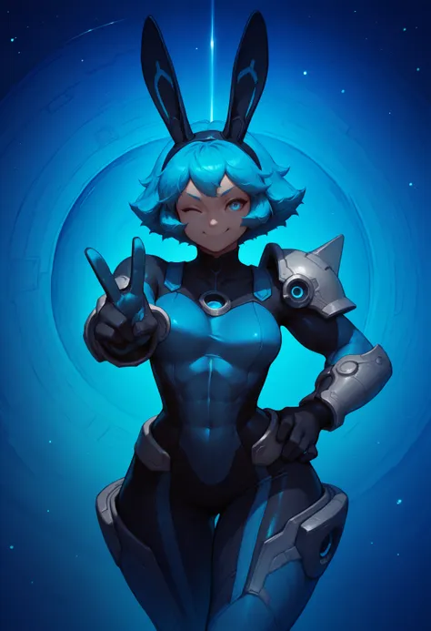 masterpiece, best quality, 1girl, toned,
light blue eyes, blue hair, short hair, space, galaxy, blue theme, black headband, two-tone bodysuit, shoulder armor, v, hand on hip, smile, one eye closed, rabbit ears