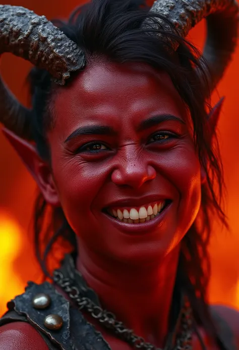 a close-up portrait photo of samanthabeart as krlch. She is looking directly at the viewer and she is smiling, showing her teeth. One of her horns is broken. She has red skin and the facial features of samanthabeart. The background shows the fires of hell.