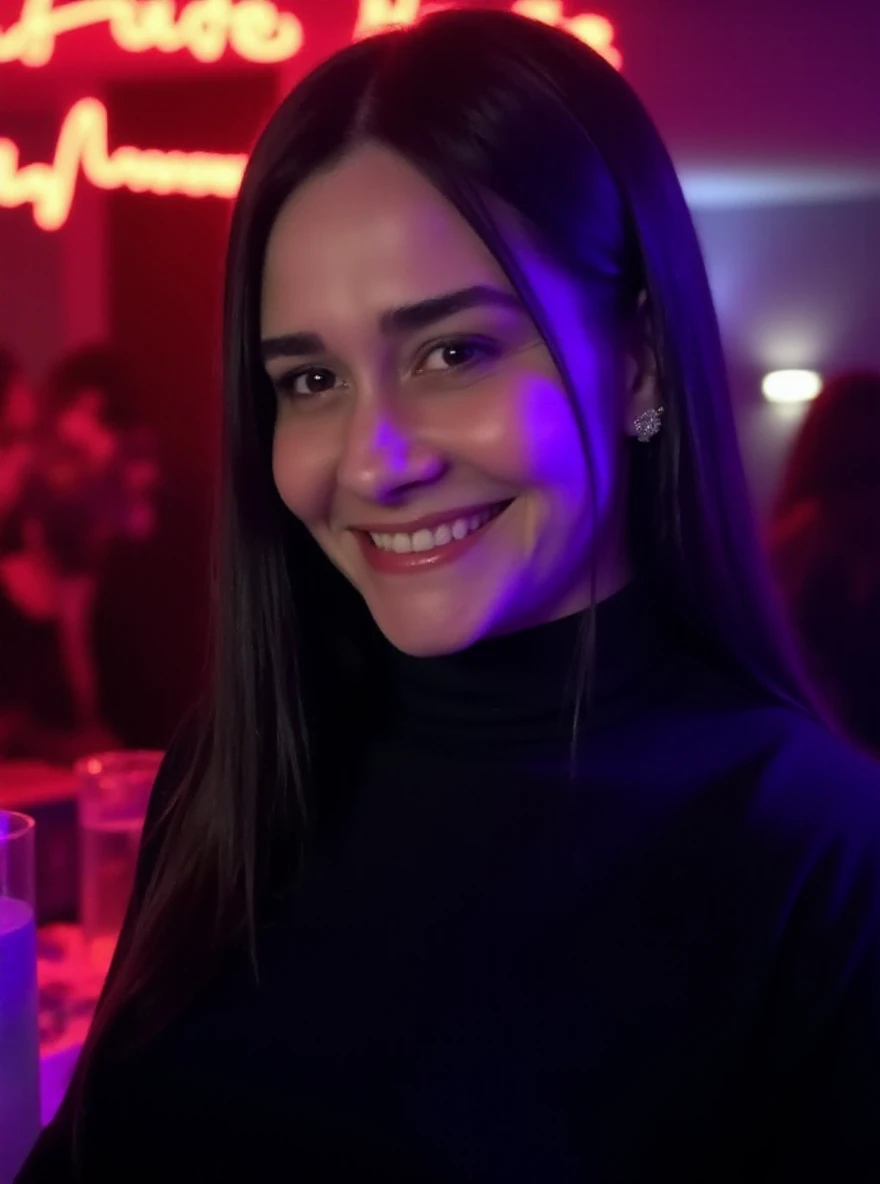 Portrait photo of al3ss4n3grin1 woman, black turtleneck blouse, in a night club, a neon in the backgrouns writing "Alessandra Negrini" in two lines, slight smile shy