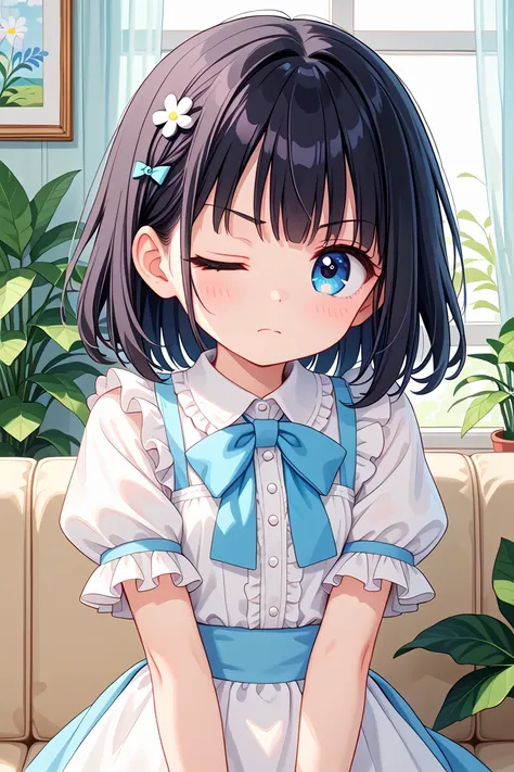 anime girl with blue eyes and a white dress sitting on a couch