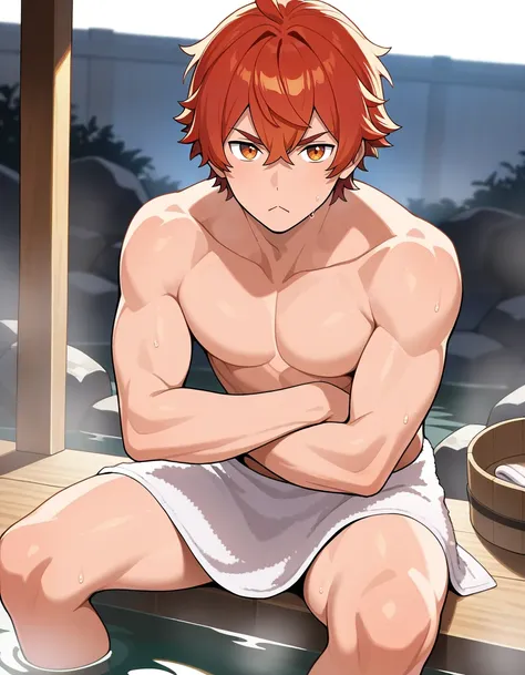 masterpiece, best quality,
1boy, solo, onsen, sitting, towel, red hair, orange eyes, topless male, steaming, looking at viewer, :<, adult, legs apart, bent over, crossed arms,